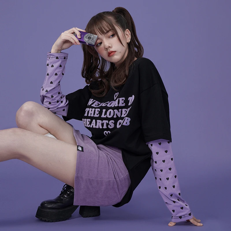 

SagiDolls Повседневная футболка с длинным светом для девочек, свободный крой, милый крутой фиолетовый, искусственная уличная одежда из двух предметов, весенняя мода