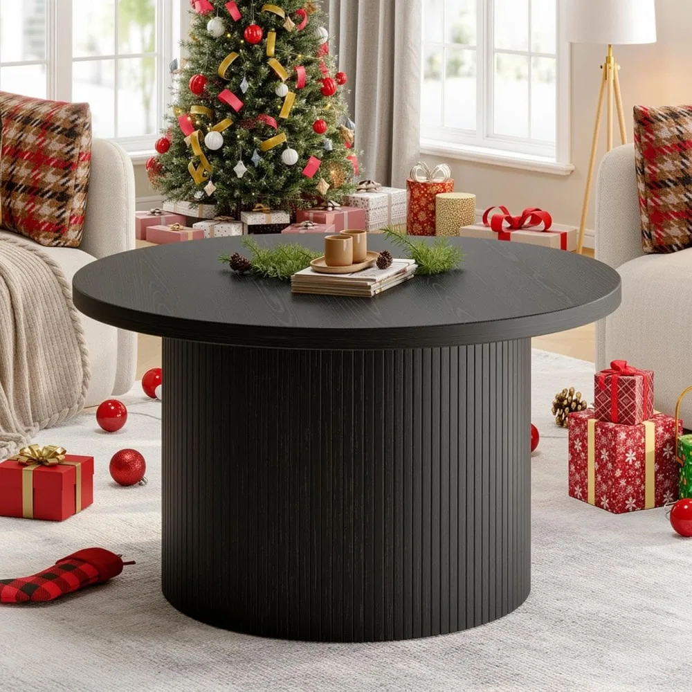 

Preferred 31.5 Round Coffee Table, Tambour Design Coffee Tables for Living Room, Mid Century Modern Wood Coffee Table, Drum Acce