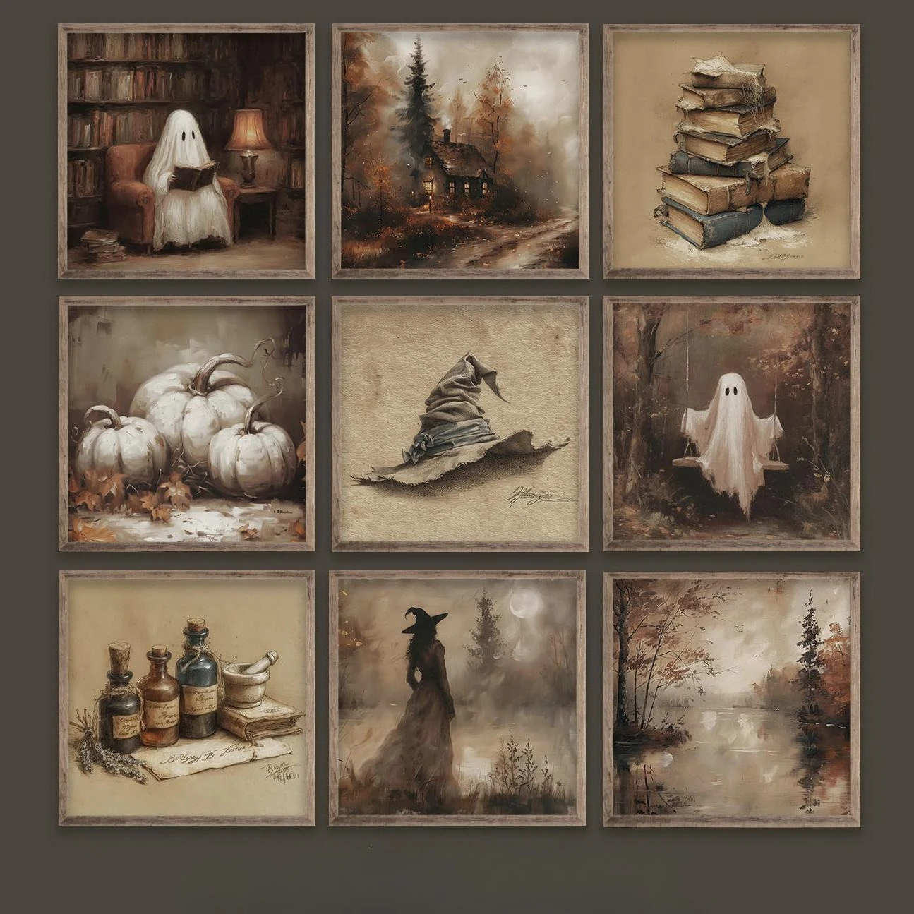 Neutral Halloween Gallery Wall Art Print Rustic Witchy Gallery Wall Ghost Gothic Style Canvas Poster Bedroom Living Room Decor