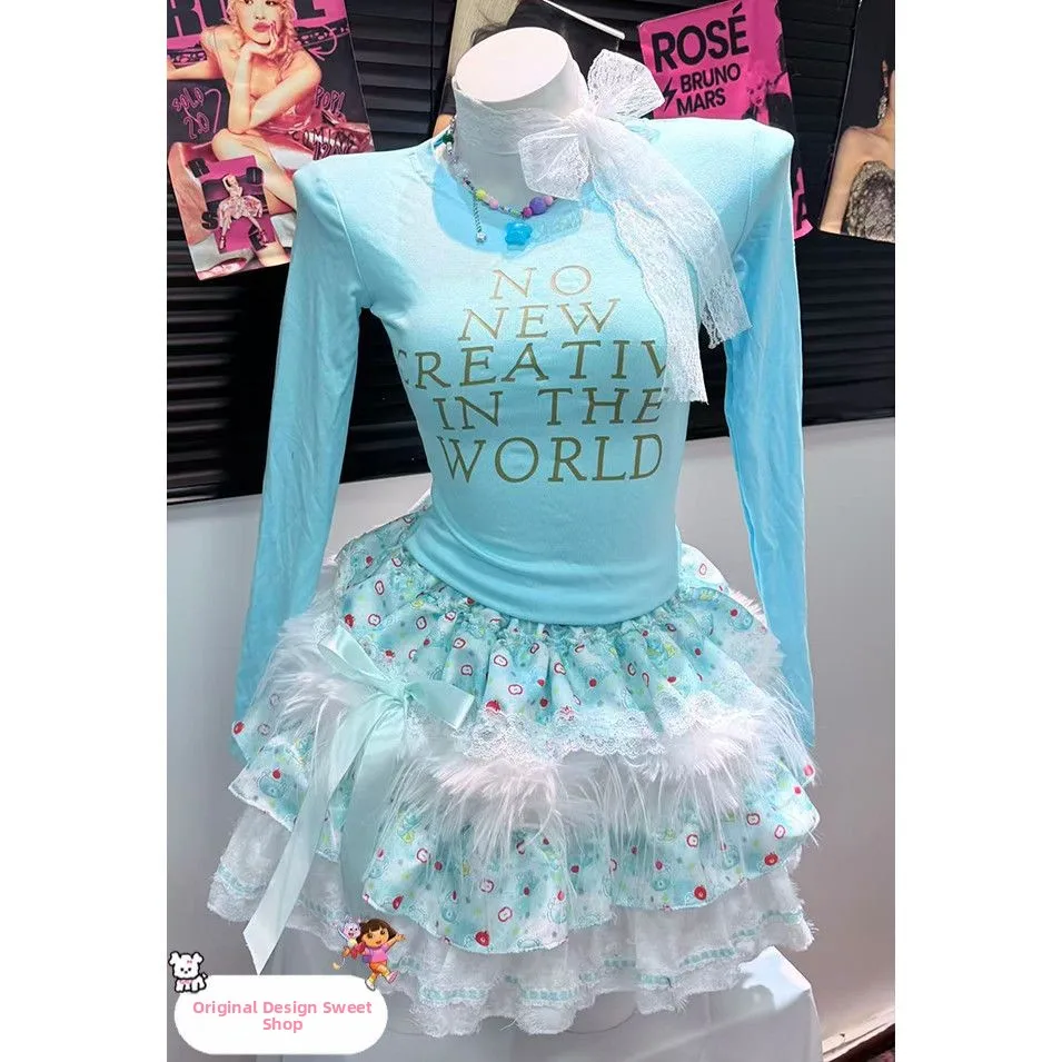 

Футболка ручной работы с синим буквенным принтом Long Sve Base irt Sweet Spicy Girl Y2K Puffy Cake Юбка Бархатный оригинальный дизайн Prince...