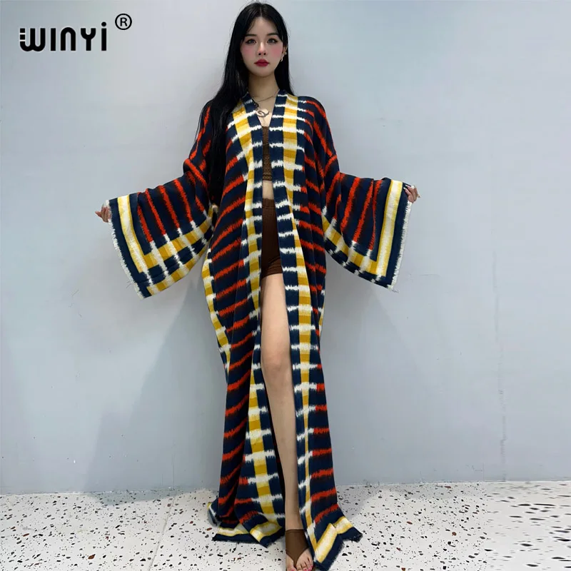 WINYI winter coat Africa women stripe print tassels Luxury Fur Loose OverCoat Thick Warm long down coat Europe cardigan jacket