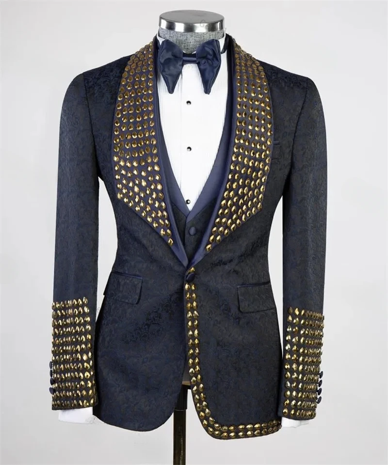 

Elegante Men Suit Set 2 Pieces Trousers Golden Crystals Slim Fit Wedding Tuxedo Formal Customized For Wedding Prom