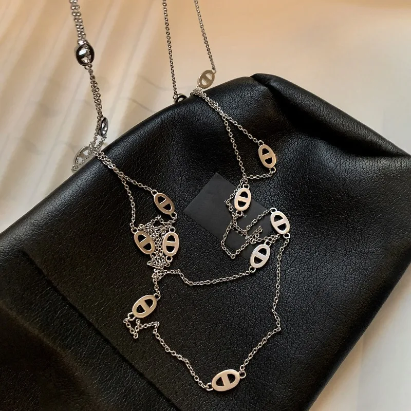 Double‑Layer Extra‑Long Titanium Steel Necklace for Women Minimalist High‑End Multi‑Stack Sweater Chain Color‑Retaining