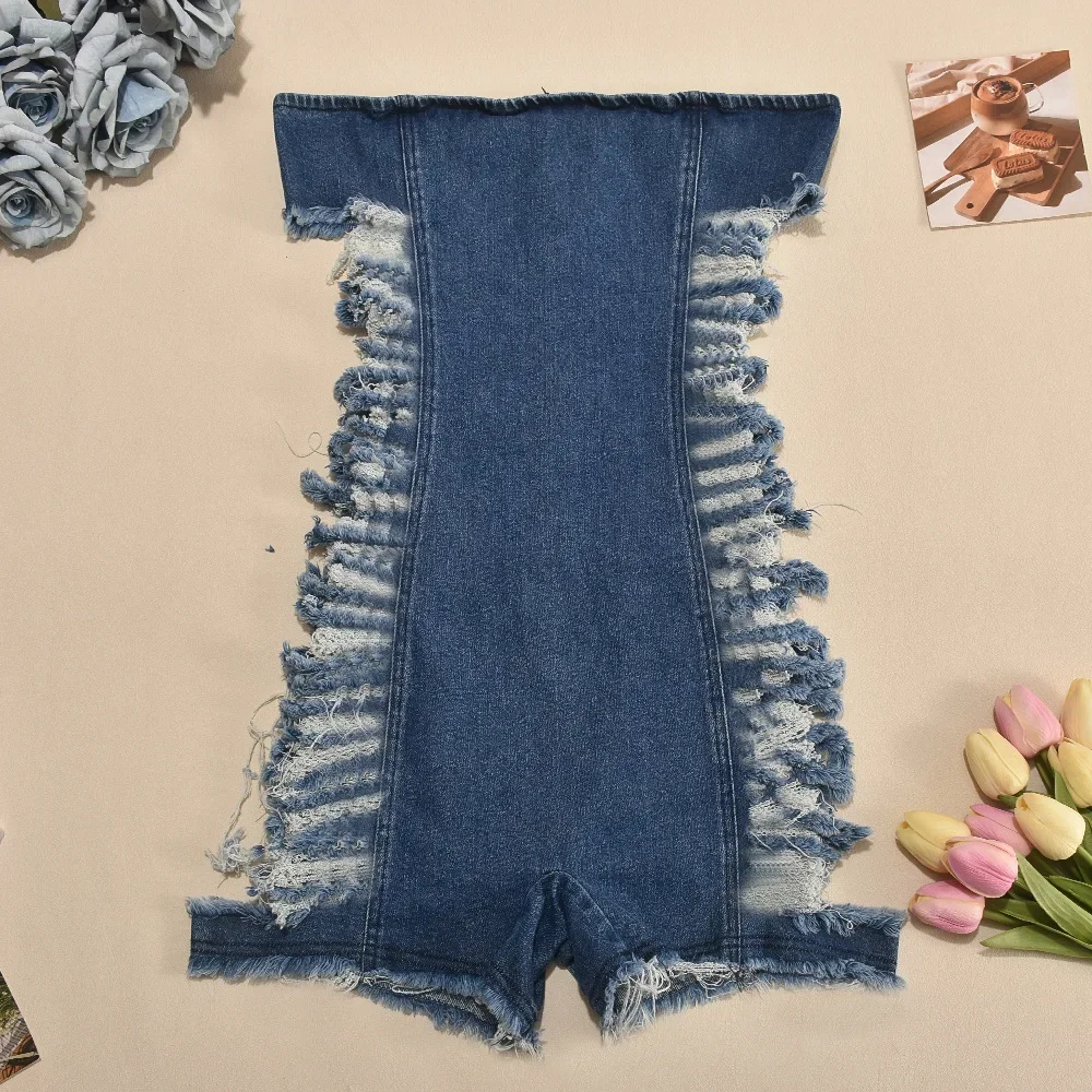 GIOIO ใหม่เซ็กซี่ Hollowed-OUT ripped Zipper หน้าอกยืด DENIM WASH jumpsuit