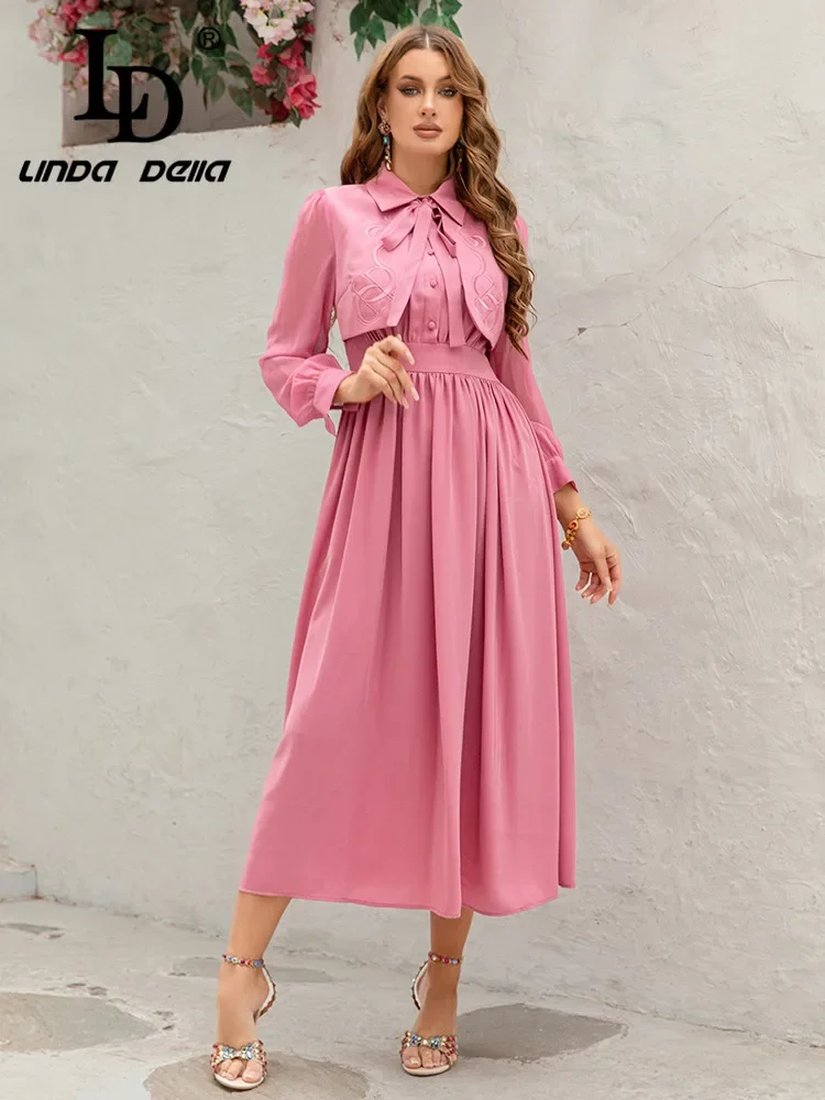 

LD LINDA DELLA 2025 summer new women's clothing lapel long sleeved heavy positioning embroidery pink fake two-piece dress