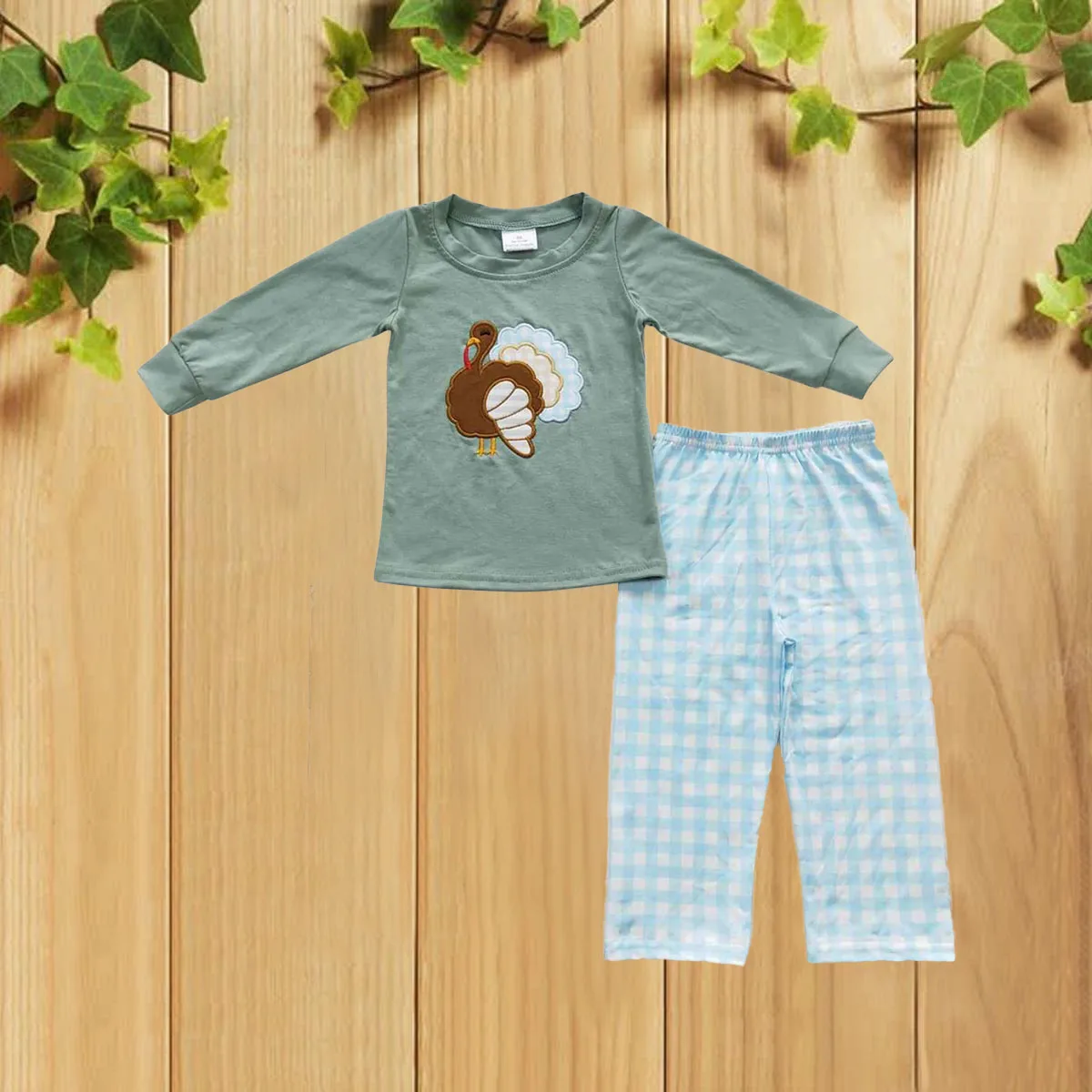 

10.24 Cute Outfit with Autumn Embroidered Turkey Design Light Green Long Sleeve Top And Light Blue Plaid Pants for Fall