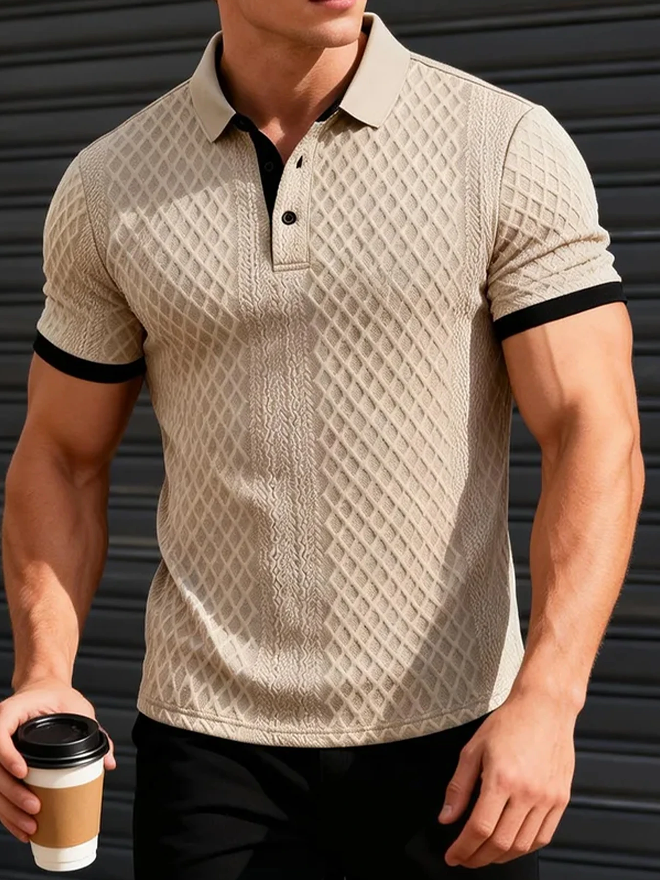 Men's Full-Length Diamond-Patterned Short-Sleeve Polo Shirt with Contrasting Color Trim, Button Placket, and a Textured Design for Everyday Wear
