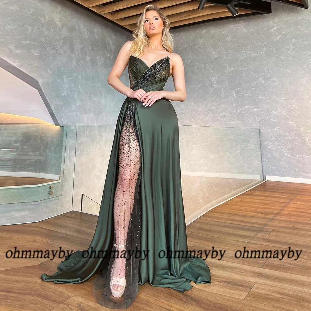 Korsett Spaghetti Strap Schwarz Falte Hohe Schlitz Asymmetrische Prom Kleider Benutzerdefinierte Perlen Pailletten Frauen Kleid Vestidos De Fiesta Neue – Detail 5