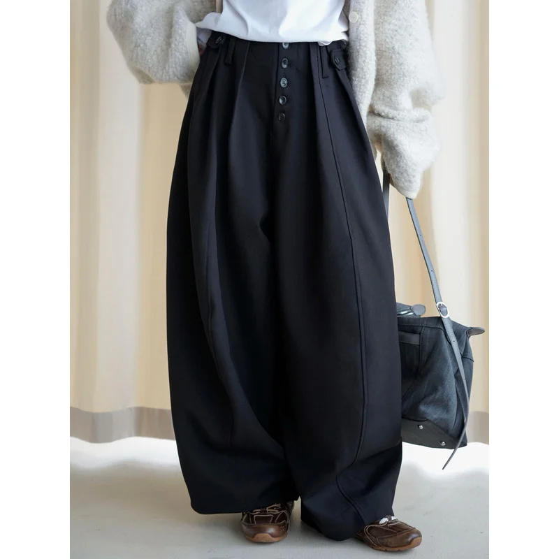 QICHE 2026 Women INS Trendy High Waist Pleated Curved Wide Leg Trousers Button Design Dress Pants Autumn