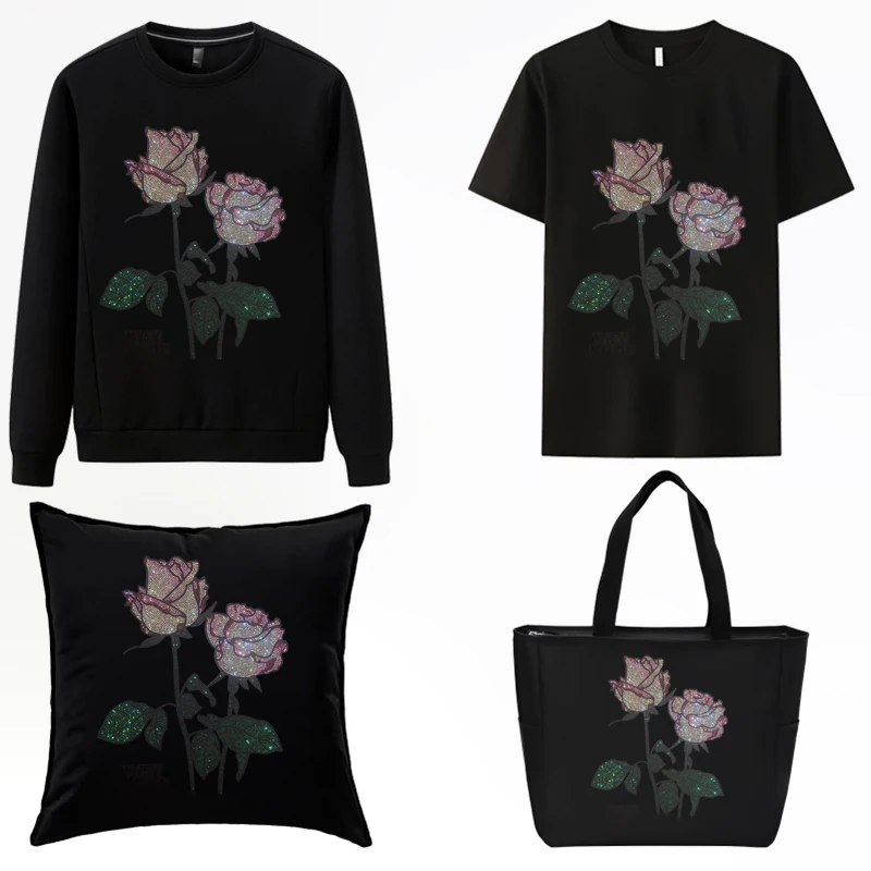 Shining Pretty Pink Rose Flower Drill Figure High Quality Rhinestone Pattern DIY T-Shirt Sweater Cowboy Clothing Accessories