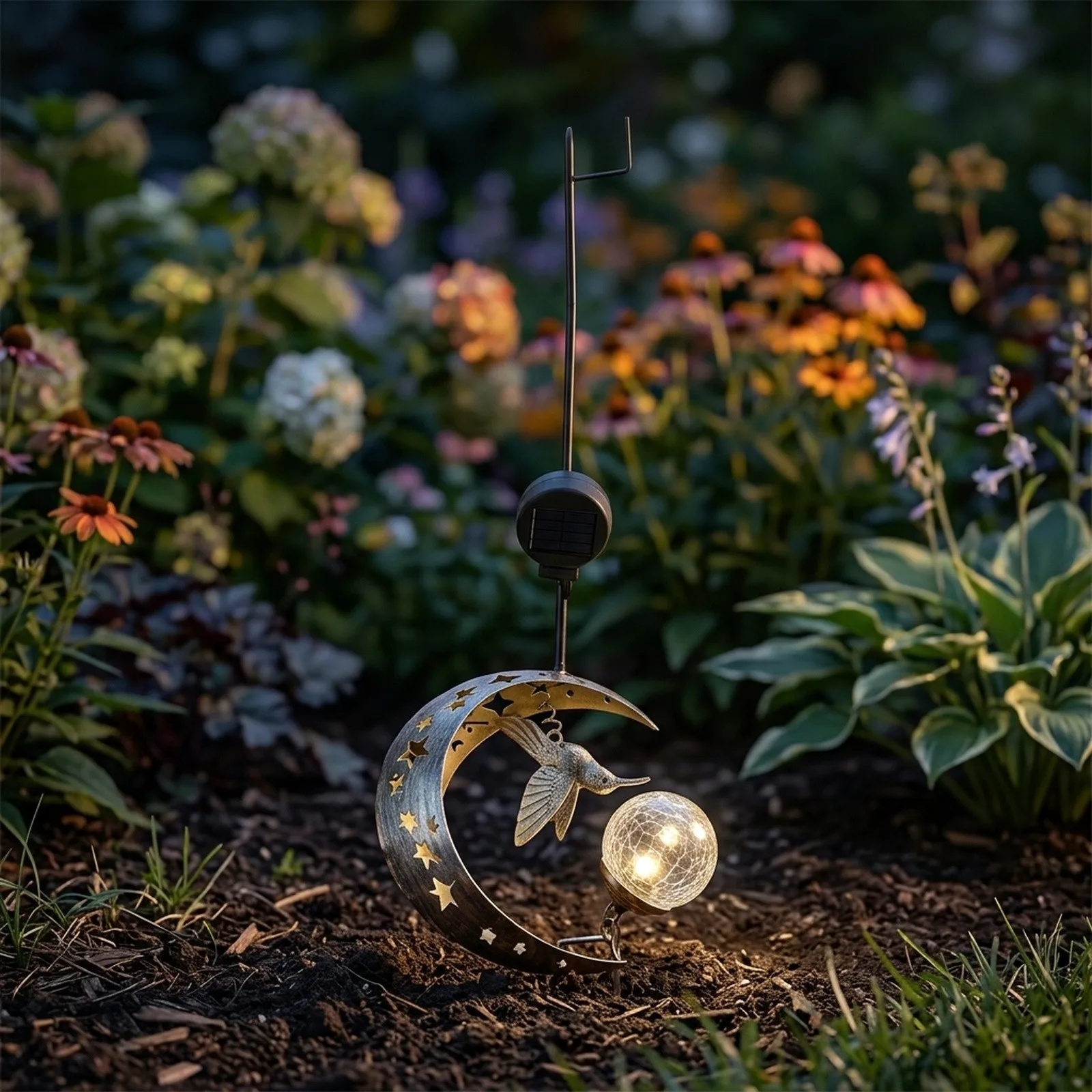Solar Powered Hummingbird Moon Garden Stake Light Gold Metal Outdoor Yard Decorative Figurine For Lawn Pathway 80cm