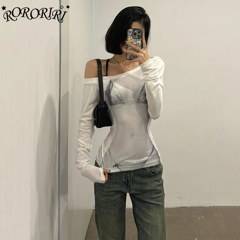 

RORORIRI Creative Bikini Print T-Shirt Women Slim Asymmetrical Slant Shoulder Long Sleeves Top Aesthetic Y2k Korean Streetwear