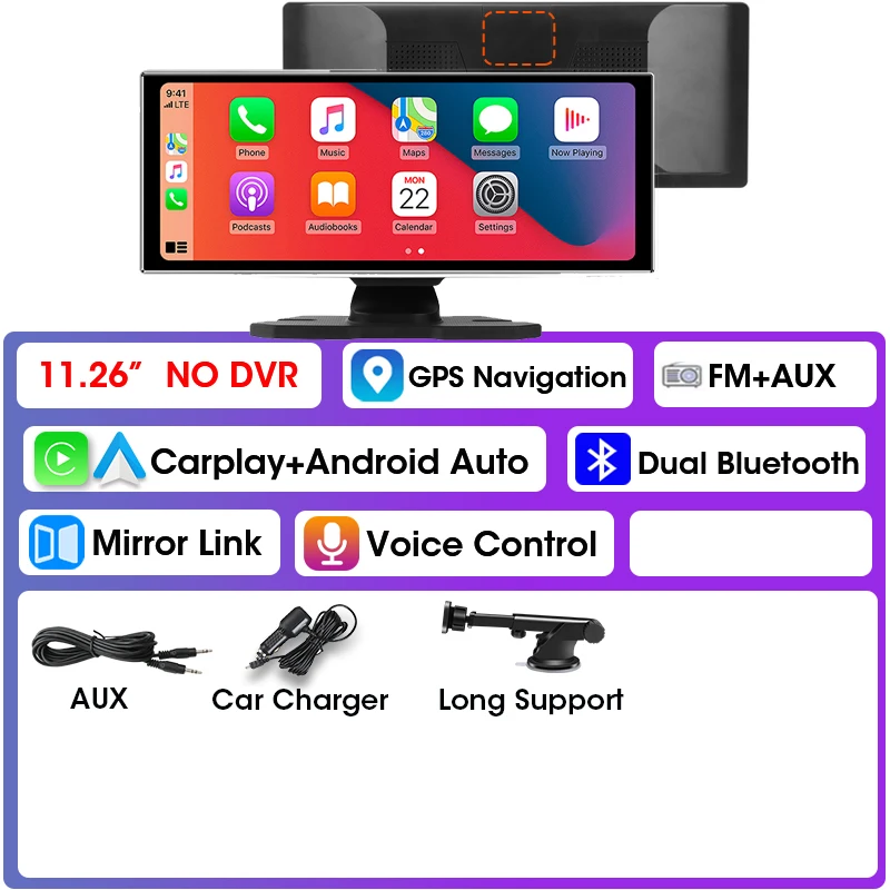Srnubi 11,26 inch 4K Dash Cam Draadloze CarPlay & Android Auto Draagbare auto DVR Intelligente systemen Videorecorder GPS-navigatie