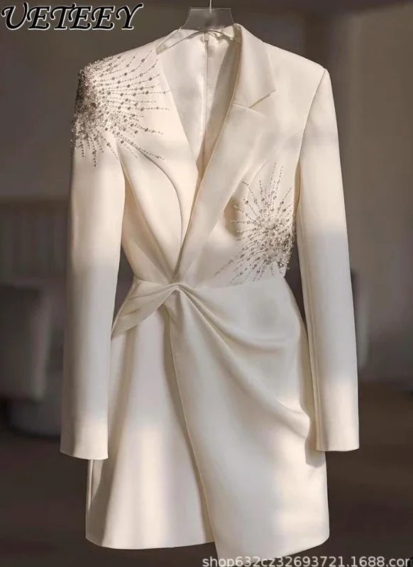 Weißes Heavy Industry Bead Suit Dress Damen Herbst und Winter Advanced Sense Foreign Light Luxury Elegante Pendlerkleider
