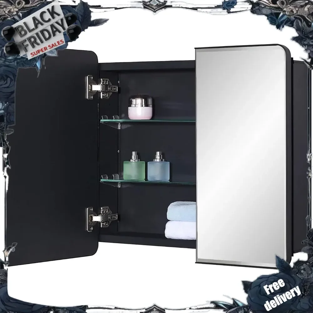 Black Bathroom Medicine Cabinet with Round Corner Framed Door and Beveled Edge Mirror 22 x 20 inch