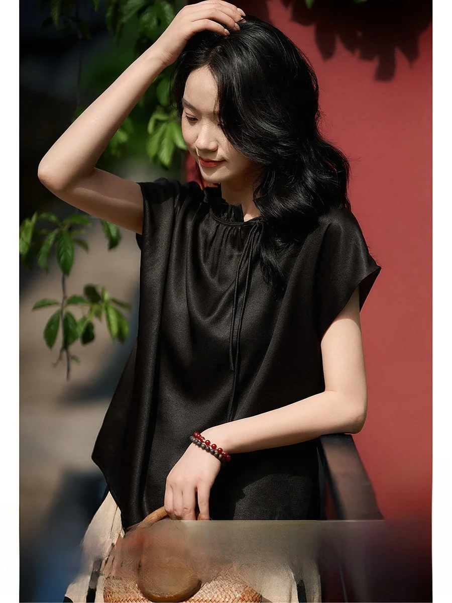 

Cloud Luo Silk irt Double-Wear Wood ain Collar oulder-Length Sve Women's Busin Casual Pure Color Summer Top