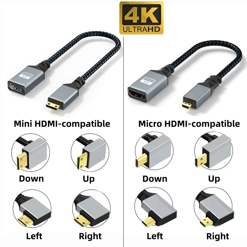 4K UHD Cable 90 Degree Mini/Micro HDMI-compatible Male to HDMI-compatible Female Adapter Cord for Tablet DSLR Camera DV Monitor