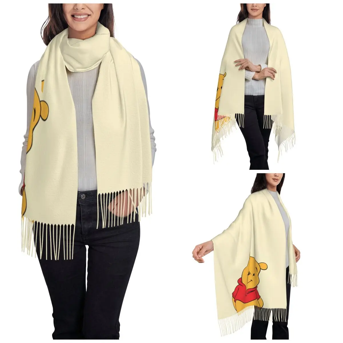 Bonito Winnie The Pooh Xale Wraps para mulheres quente grande lenço macio engraçado dos desenhos animados pashminas lenços de borla