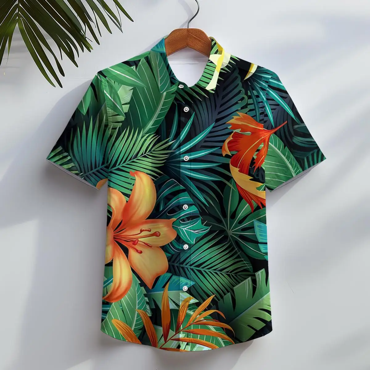 Camisa havaiana casual masculina, camisas de manga curta com botão, roupa estampada 3D floral de folha tropical para férias de verão