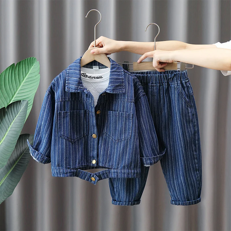 Fashion Boys Denim Jacket Set Spring Autumn Striped Jacket +Jeans 2Pcs Suits 2-10Years Old Boys Casual Set Outfit