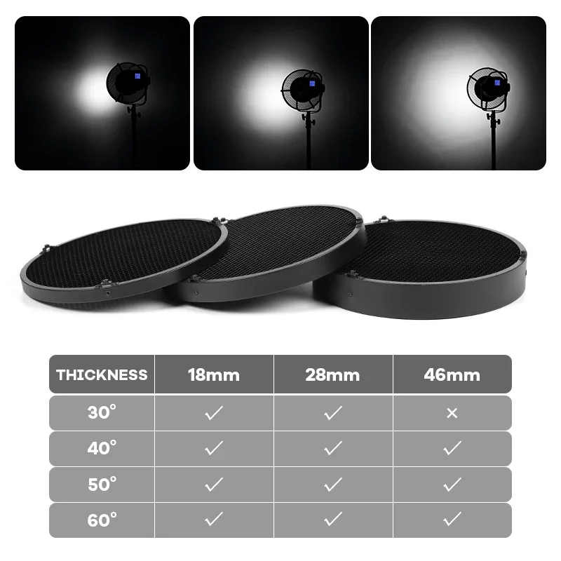 28cm 30 40 50 60 Degree Honeycomb Grid Colored Filters for Standard Wide Reflector Flash Head Storbe Light Shaping Control Tools