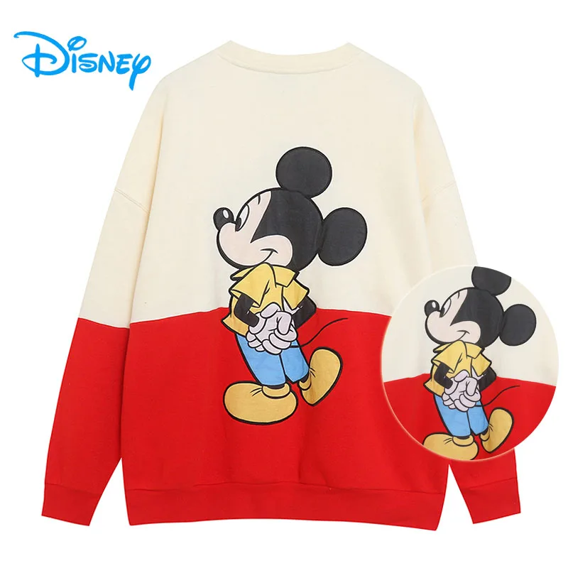

Флисовый свитшот с вышивкой Микки Диснея, пуловер с круглым вырезом и длинными рукавами, пуловер с героями мультфильмов, топ контрастного цвета, лоскутный женский повседневный джемпер