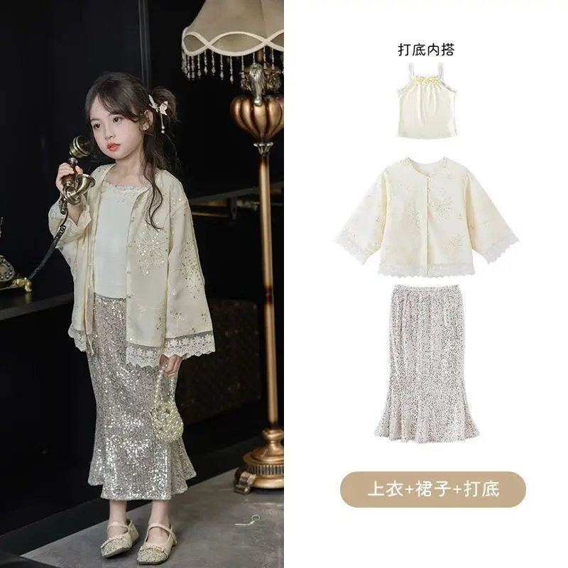 

Children's Clothing New Style Girl's Two Piece Set with Embroidery and Sequins for Girls Spring Fashion Chinese Style Design