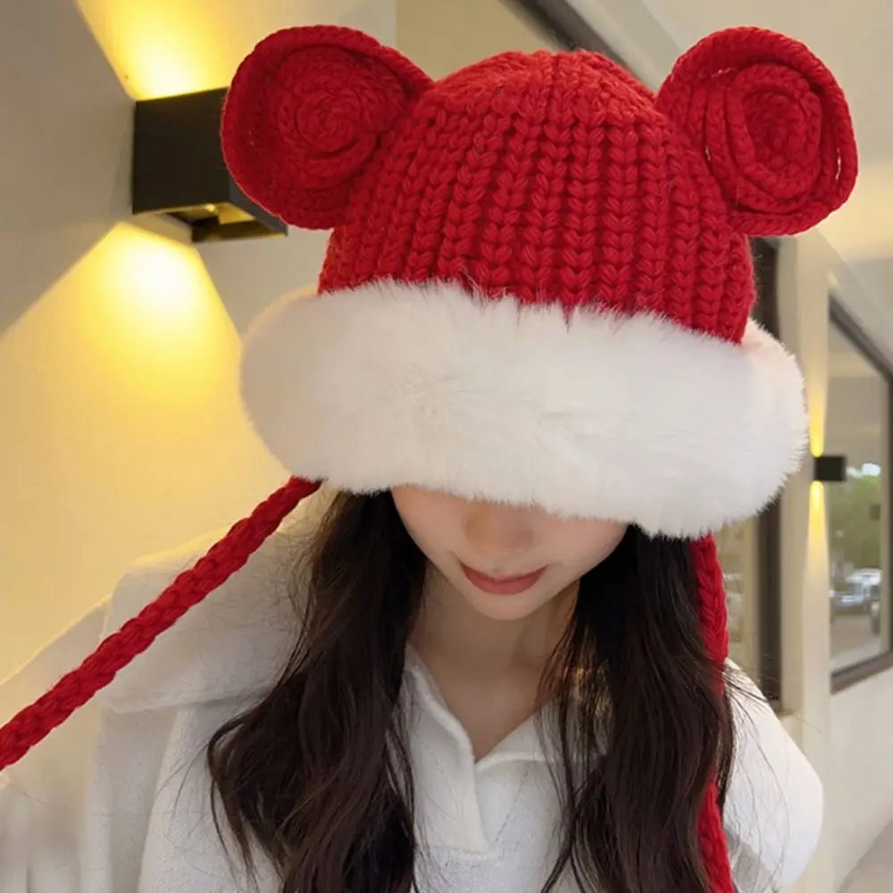 

Warm Plush Bear Ears Hat Woolen Fluffy Cute Ear Protection Hat Winter Soft Knitted Bucket Hat Women