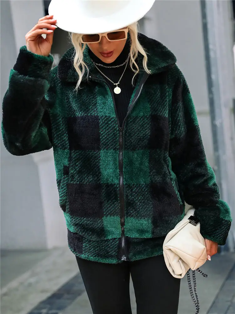 Winter Plaid Fuzzy Sweater Zipper Cardigan Women Warm Streetwear Vintage Checkerboard Sherpa Top Fleece Jacket