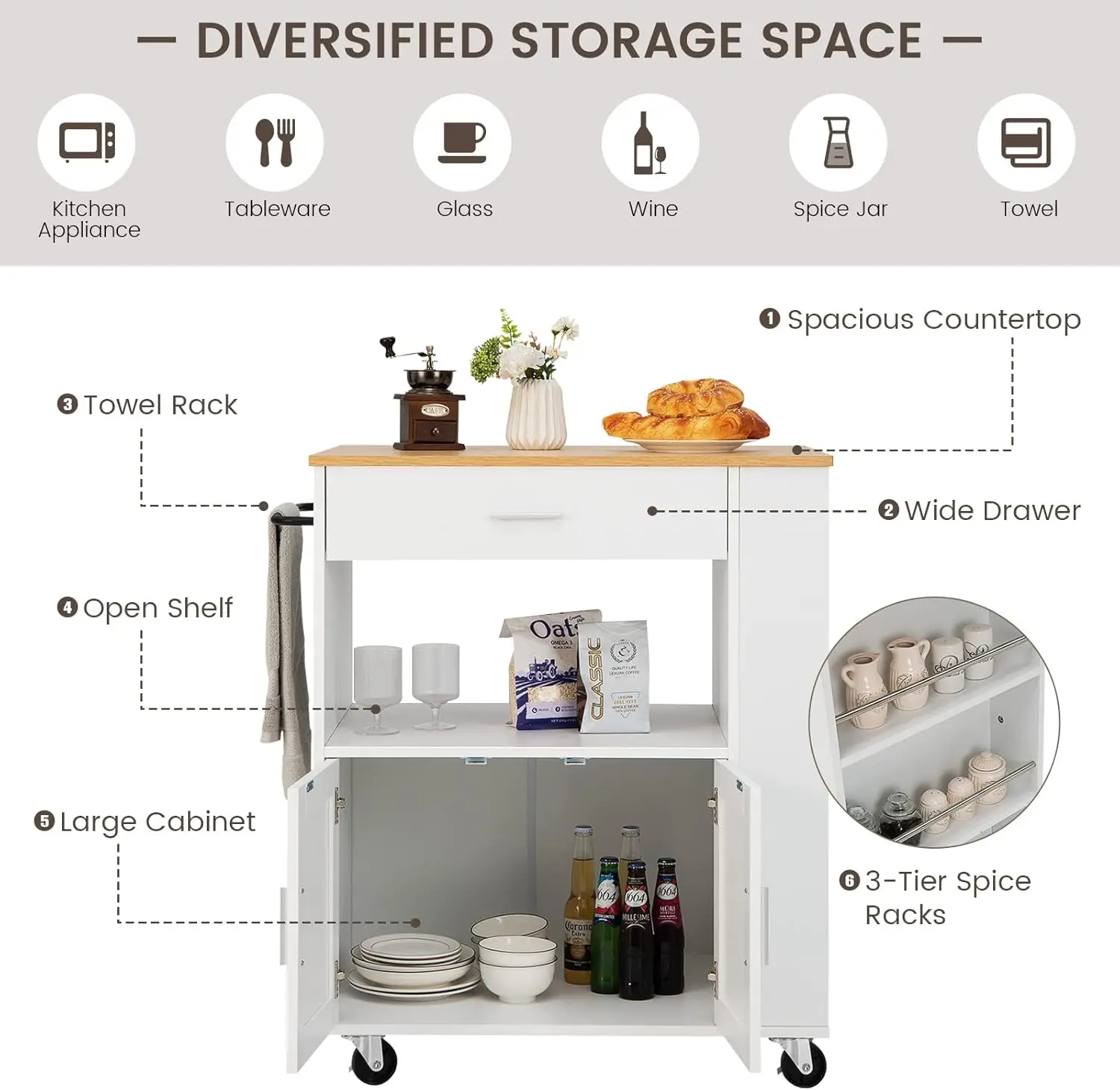 Rolling Kitchen Serving Trolley W/Drawer, Spice Racks, Open Shelf, Towel Rack, Large Cabinet & 2 Lockable C
