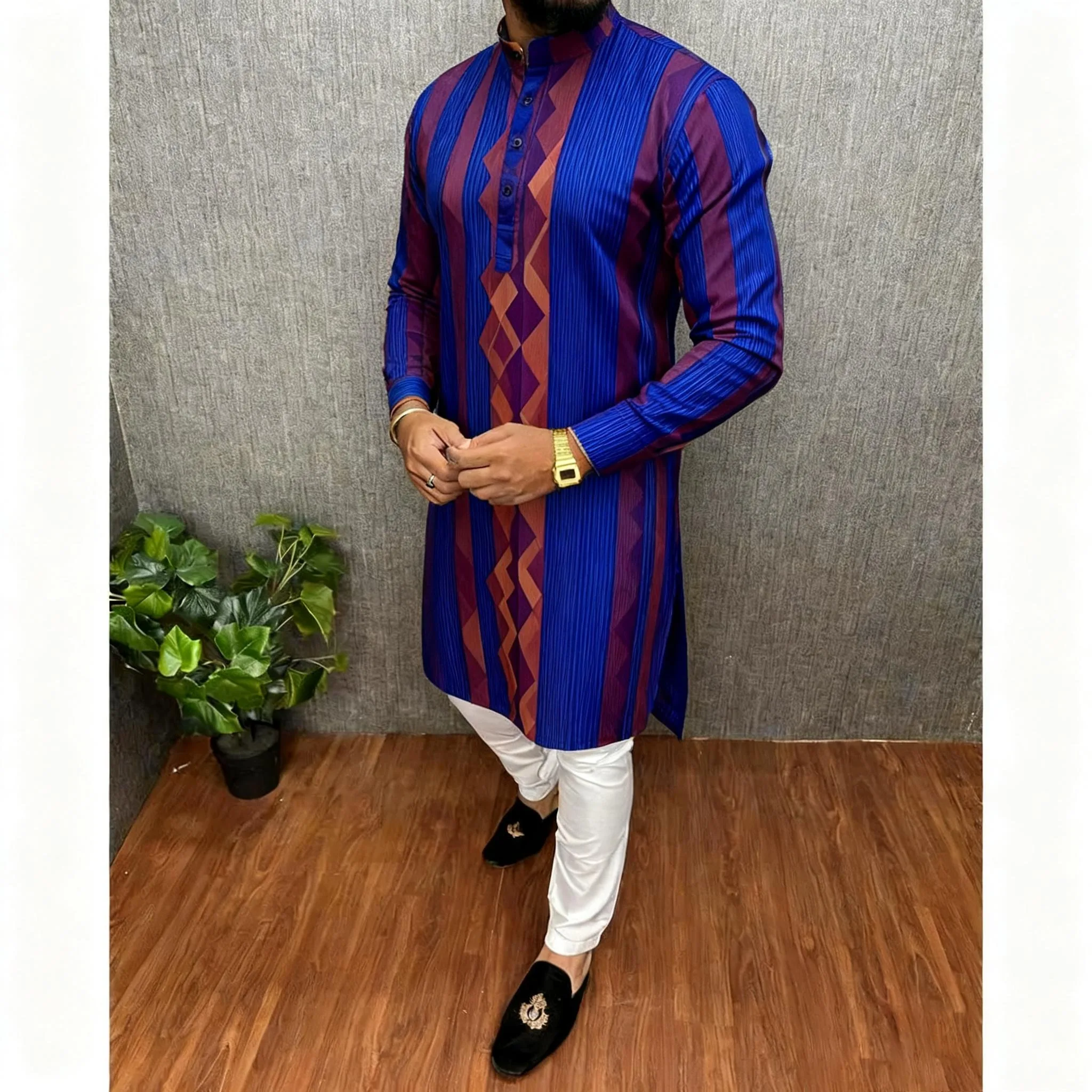 メンズゆったりムスリムシャツ 春 スタンドカラー カジュアルシャツ カフタン 長袖 メンズトーブ クルタ ロパ・アラベ カミサ・アラベ オムブレ