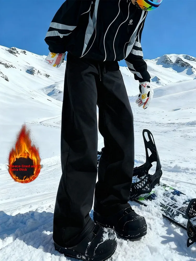 

Black Fleece Lined Ski Pants Men's Winter Cold Proof Three-Proof Huarong Trousers Harbin Windproof Casual Pants Straight Leg