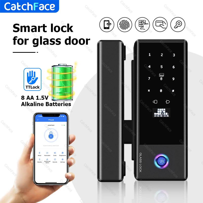 ttlock app impressao digital bloqueio inteligente wifi controle remoto com senha do cartao ic para porta de vidro sem moldura empurrar ou porta deslizante 01