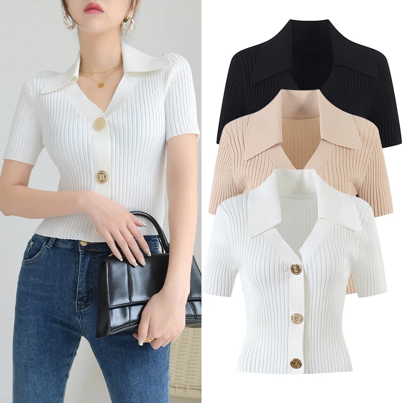 

High-End Version Parisian Double-Bend Ice Silk Gold Button ort-Sve Slim V-Ne ort Knitted Sweater for Women