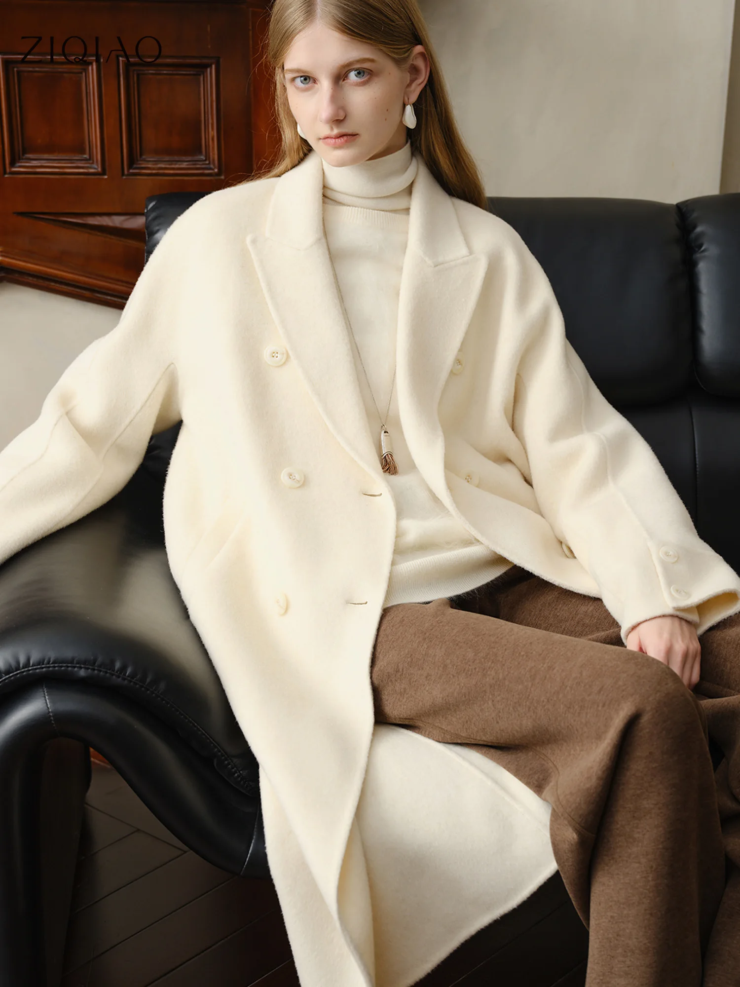 

ZIQIAO White Double-faced Wool Coat Women 2025 New Korean Style Woolen Coat Knee-length Straight Loose Fit Classic