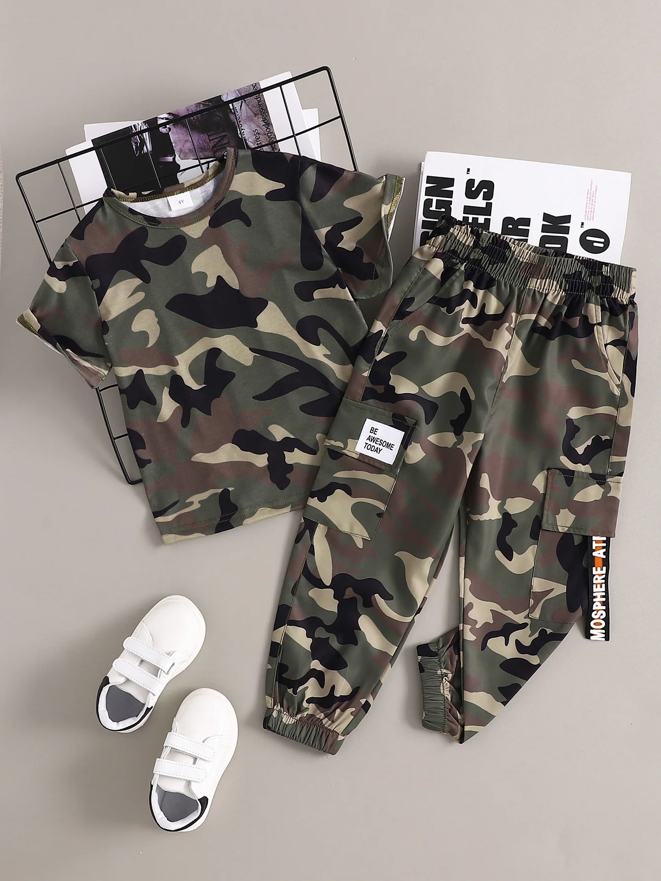 2pcs Boys Camouflage T-shirt & Pants Set, Trendy Camouflage Cargo Pants, Boys Multi Flap Pocket Trousers, Comfy Kids Clothes