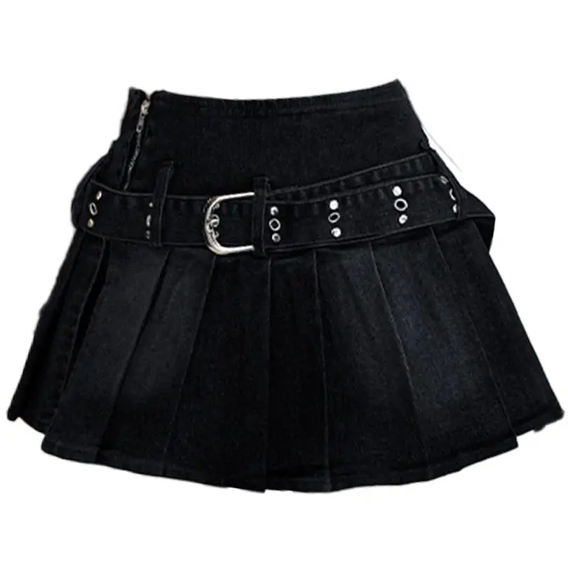 Women's Black Gothic A-Line Denim Mini Skirt Y2K Harajuku High Street 2000S American Sexy Retro Short Skirts Fashion Clothes New