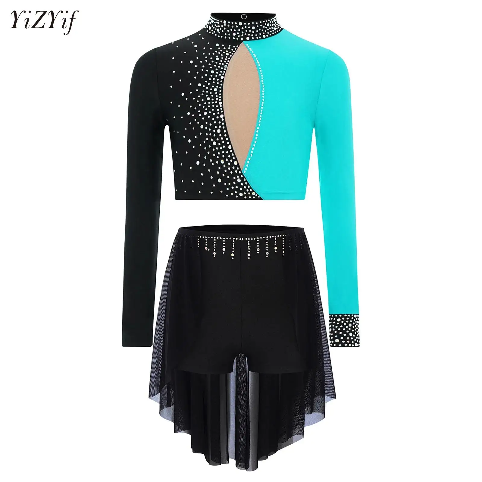 

Girls Lyrical Contemporary Dance Set Rhinestones Crop Top Mesh Chiffon Leotard Skirt Gymnastics Figure Ice Skating Ballet Outfit