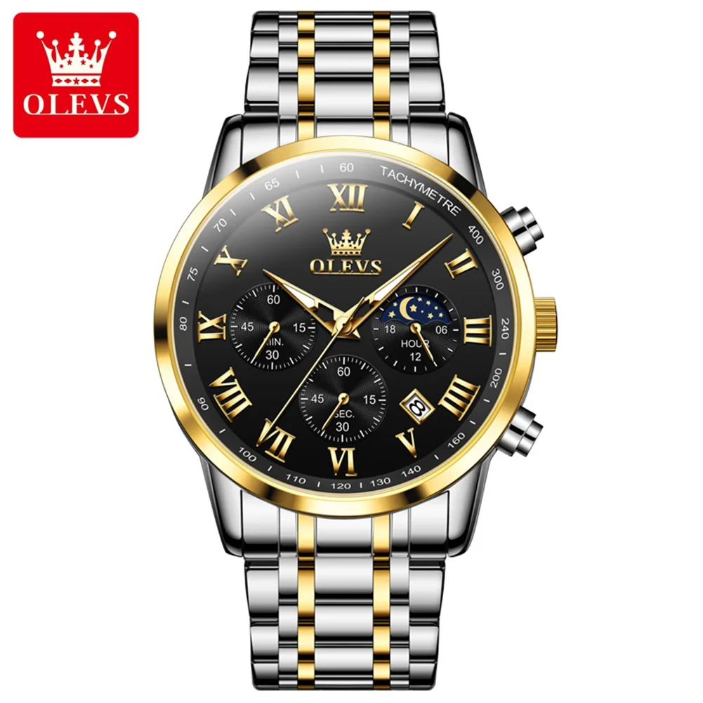 OLEVS Hot Men's Watch Original Waterproof Luminous Stainless Steel 24h Lunar Phase Timing Code Watch Quartz Watches for Man 5529