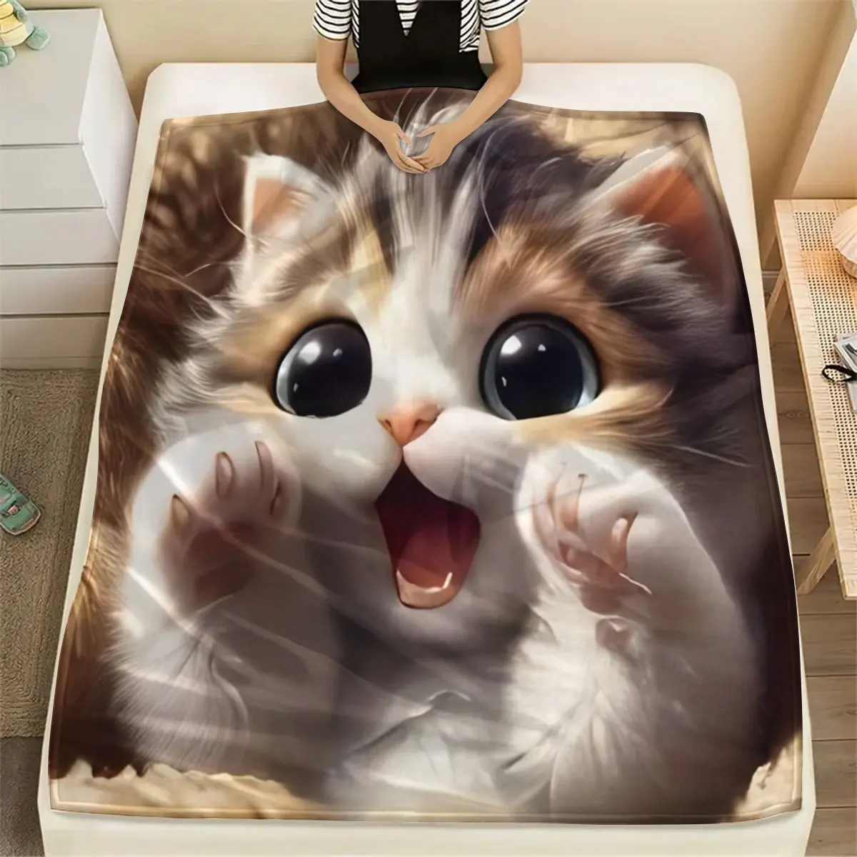 Cute big eyed kitten soft blanket - perfect for comfortable nights, an ideal gift for cat lovers, and a unique home decor