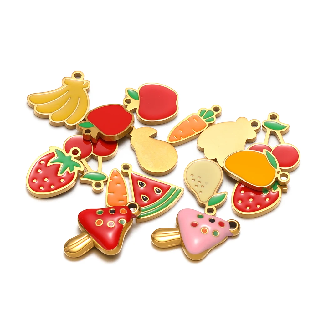 5Pcs Stainless Steel Cute Mushroom Enamel Fruits Small Cherry Charms DIY Kids Necklace Children Bracelet Jewelry Earrings Making