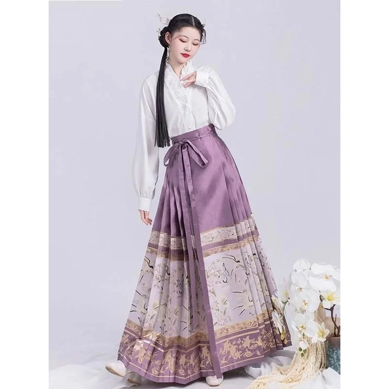 Chinese Style Cosplay Costume Daily Improved Hanfu Modern Original Horse Face Skirt Green And Purple Work Streetwear Pleated