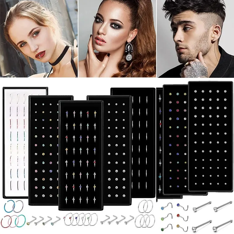 2PCS/Kit Stainless Steel Straight L Hook Nose Stud Piercing Fashion Crystal Nariz Nase Piercing Body Jewelry