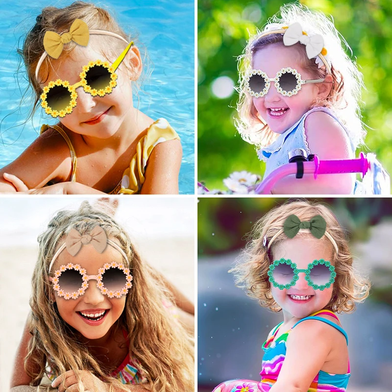 2Pcs/Set New Children Cute Fashion Acrylic Daisy Sunglasses UV400 Colors Lovely Soft Bowknot Headbands Set Kids Hair Accessories