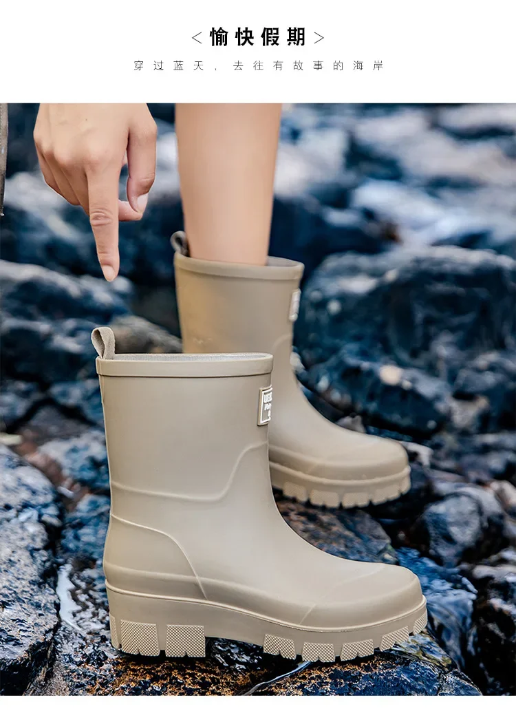 2026 Modische koreanische Damen-Regenstiefel (Wadenhöhe) mit dicker Sohle, verschleißfest, rutschfest, wasserdicht, für die Autowäsche geeignet – Detail 13