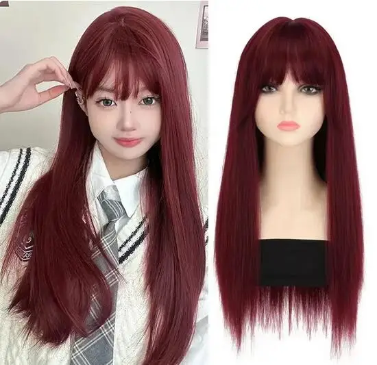 Fashionable Natural Long Hair Wig Women's Straight Hair High Temperature Silk Fiber Full Head Coverage Red Color Extensions