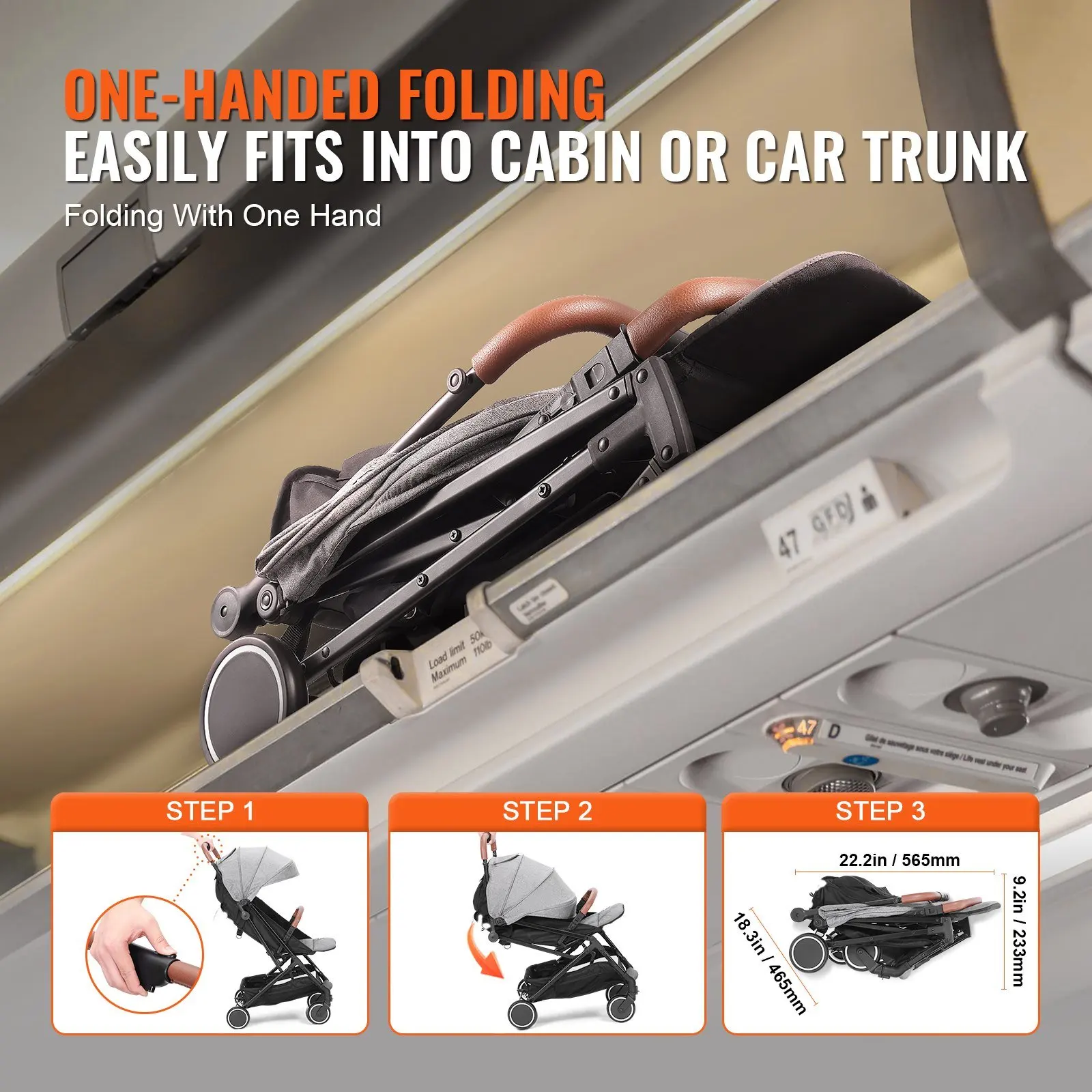 With 95°-150° Adjustable Backrest Standard Baby Infant Stroller One-click Folding 0/90°Adjustable Footrest Grey Newborn Stroller