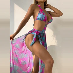 Hot Woman Leaves Print Bikinis Skirt Two Piece Set Women Split Beach Front Knot Cover Skirts Swimsuit High Waist Beachwear 2025