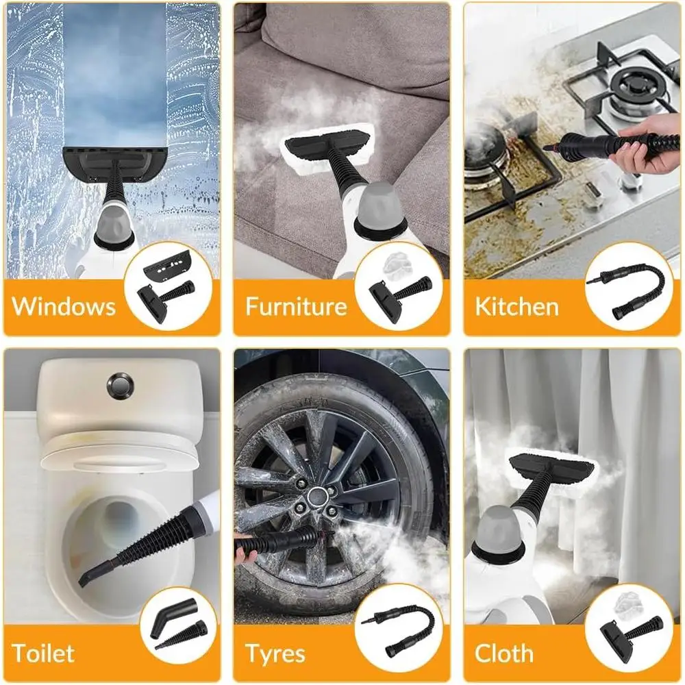 منظف بخار محمول باليد بقدرة 1050 وات، جهاز بخار عالي الضغط متعدد الوظائف، 12 ملحقًا، تنظيف آمن للمنزل والسيارة