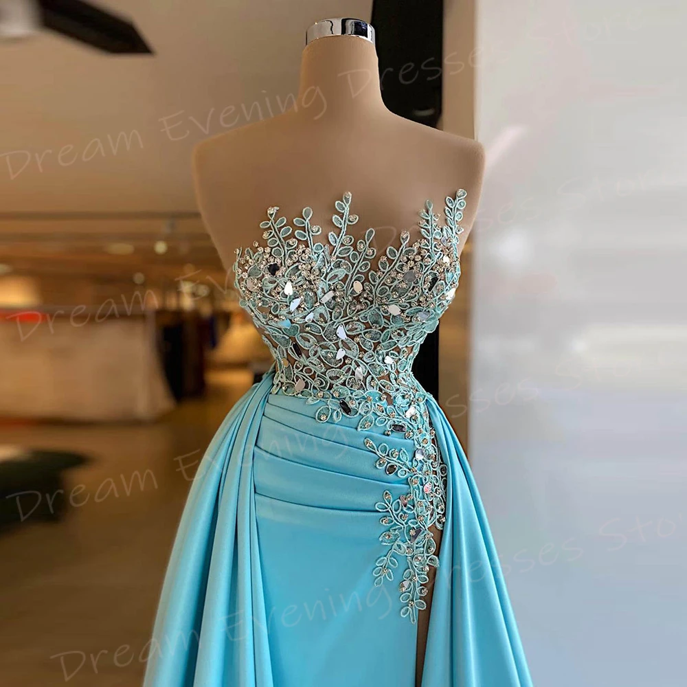 Prachtige Blauwe Zeemeermin Elegante Damesavondjurken Moderne Strapless Mouwloze Galajurken Hoge Split Kralen Vestido De Noche